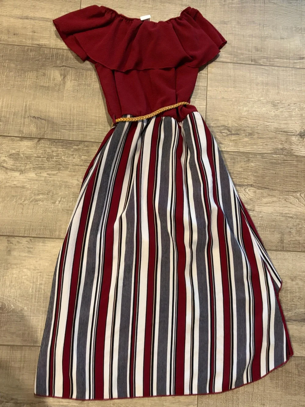 Kids Off-Shoulder Burgundy Maxi Skirt Romper with Striped Panel